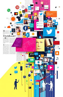 An artistic representation showcasing technological convergence, featuring a collage of different media forms like text, images, audio elements, and video clips seamlessly integrated together