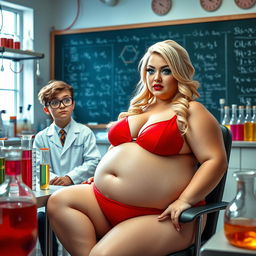A very fat, very round, obese but beautiful woman with lovely blond hair and blue eyes, showcasing mint green eye shadow, black eyeliner, mascara, and long eyelashes