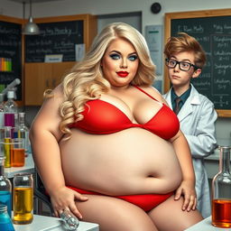 A very fat, very round, obese but beautiful woman with lovely blond hair and blue eyes, showcasing mint green eye shadow, black eyeliner, mascara, and long eyelashes
