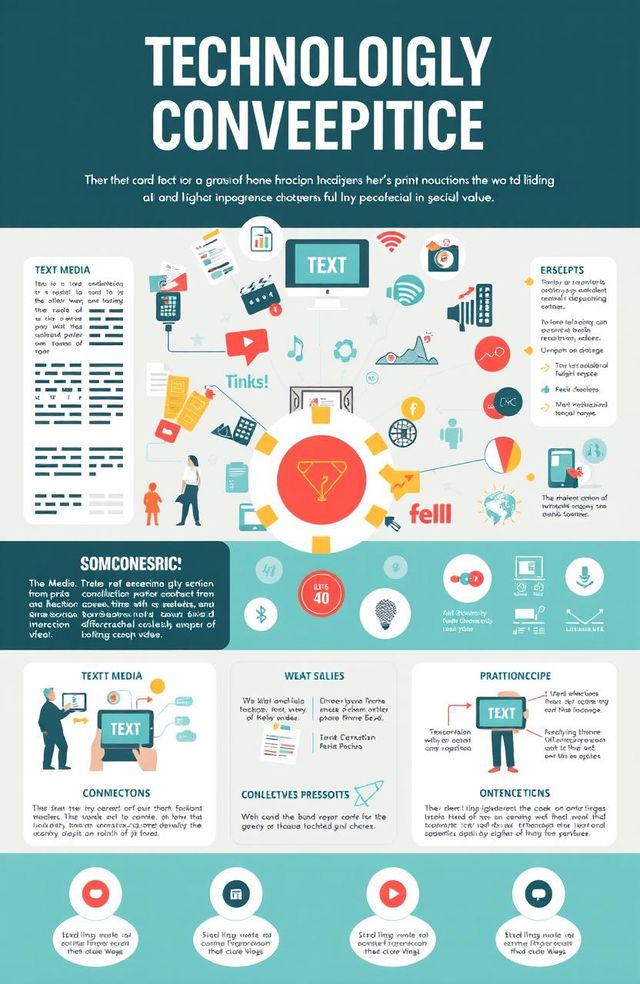 A visually engaging infographic that illustrates the concept of technological convergence, showcasing the integration of various media forms such as text, image, audio, and video