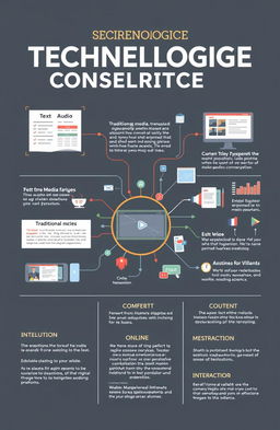 A visually engaging infographic that illustrates the concept of technological convergence, showcasing the integration of various media forms such as text, image, audio, and video