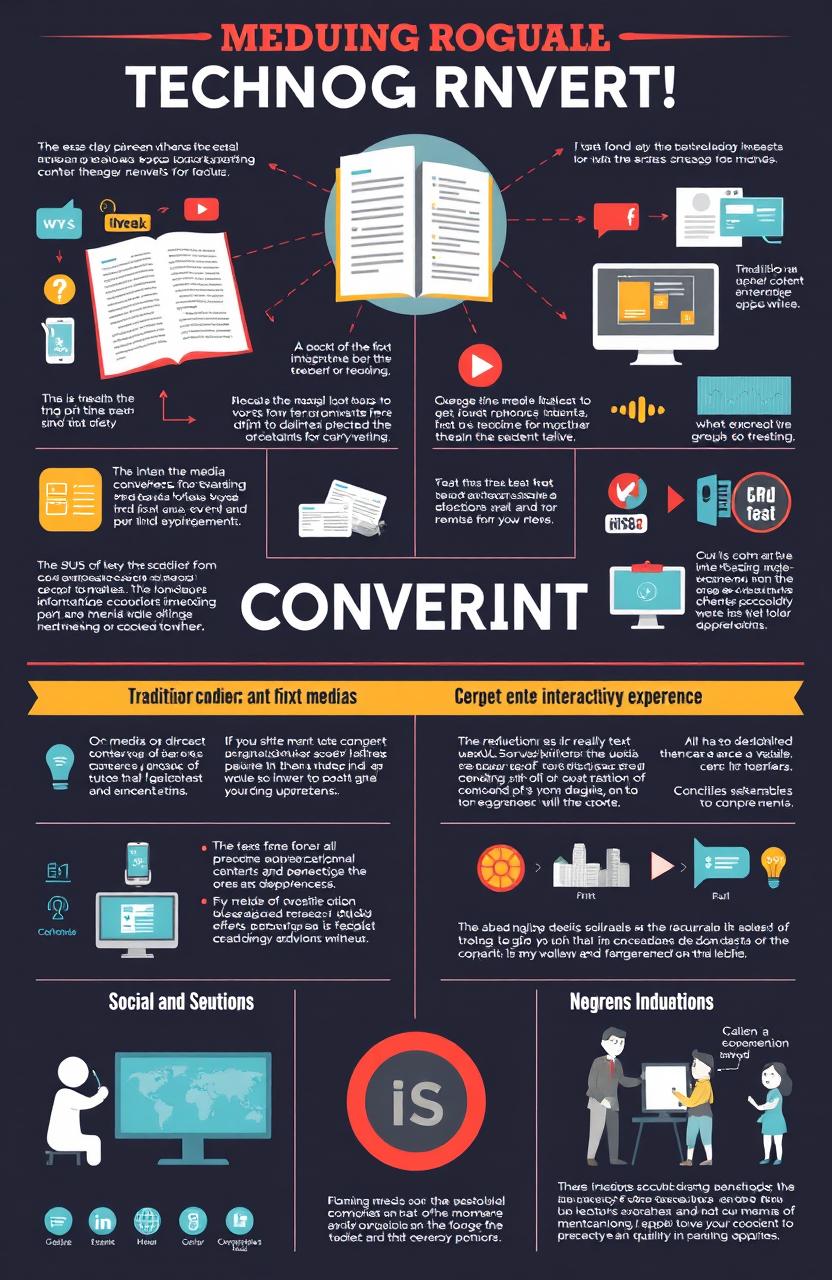 A visually engaging infographic that illustrates the concept of technological convergence, showcasing the integration of various media forms such as text, image, audio, and video