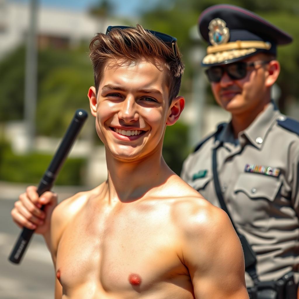 A young, attractive 19-year-old man in the foreground, shirtless and grinning cheekily, displaying a confident and playful demeanor