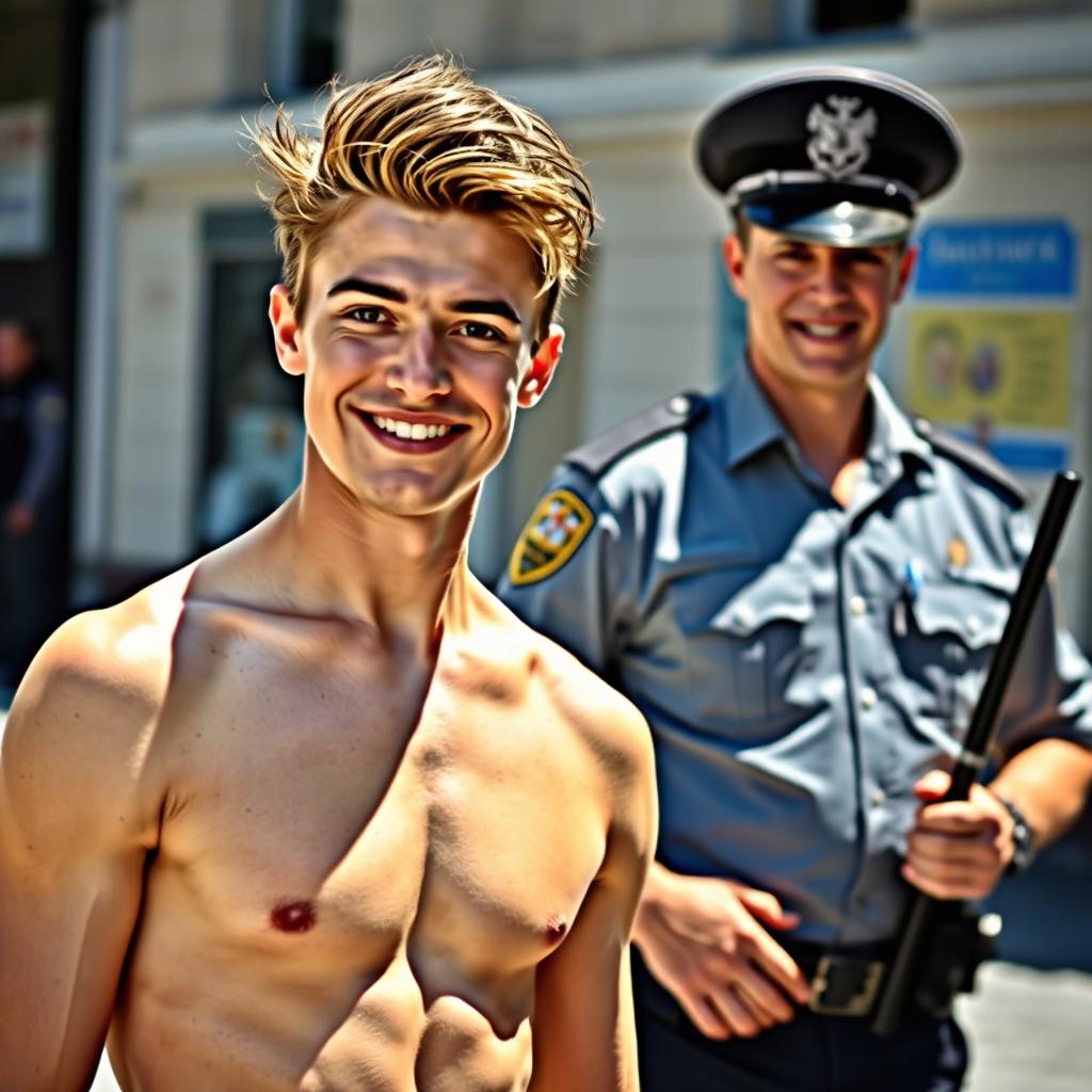 A young, attractive 19-year-old man in the foreground, showcasing a well-defined physique and a cheeky grin, radiating confidence and charm