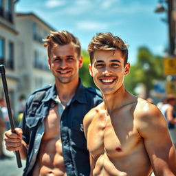 A young, attractive 19-year-old man in the foreground, showcasing a well-defined physique and a cheeky grin, radiating confidence and charm