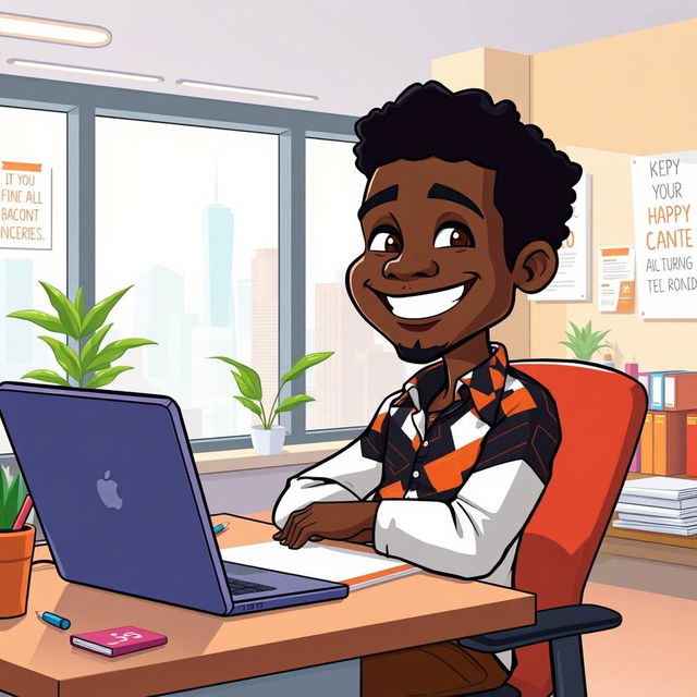 A cartoon depicting a confident black character sitting at a modern office desk, surrounded by colorful office supplies and a laptop