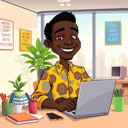 A cartoon depicting a confident black character sitting at a modern office desk, surrounded by colorful office supplies and a laptop