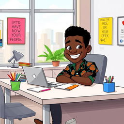 A cartoon depicting a confident black character sitting at a modern office desk, surrounded by colorful office supplies and a laptop