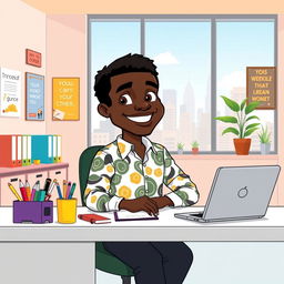 A cartoon depicting a confident black character sitting at a modern office desk, surrounded by colorful office supplies and a laptop