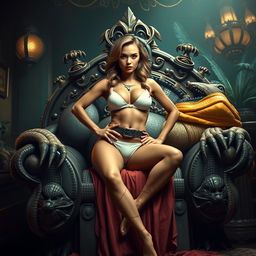 A creative and vibrant interpretation of a scene featuring a character resembling Olivia Rodrigo dressed in a stylish bikini and underwear, confidently seated on Jabba the Hutt's extravagant throne