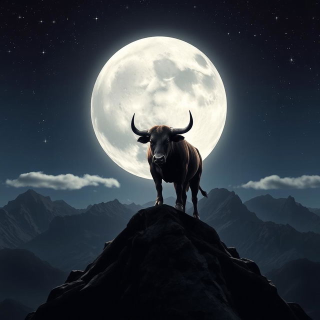 A majestic scene featuring a powerful bull standing proudly on a mountain peak under a full moon