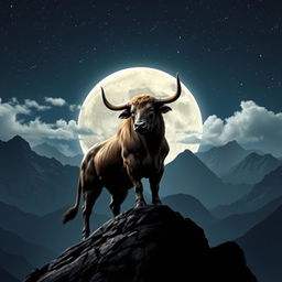 A majestic scene featuring a powerful bull standing proudly on a mountain peak under a full moon