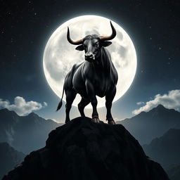 A majestic scene featuring a powerful bull standing proudly on a mountain peak under a full moon
