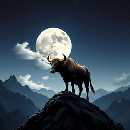 A majestic scene featuring a powerful bull standing proudly on a mountain peak under a full moon