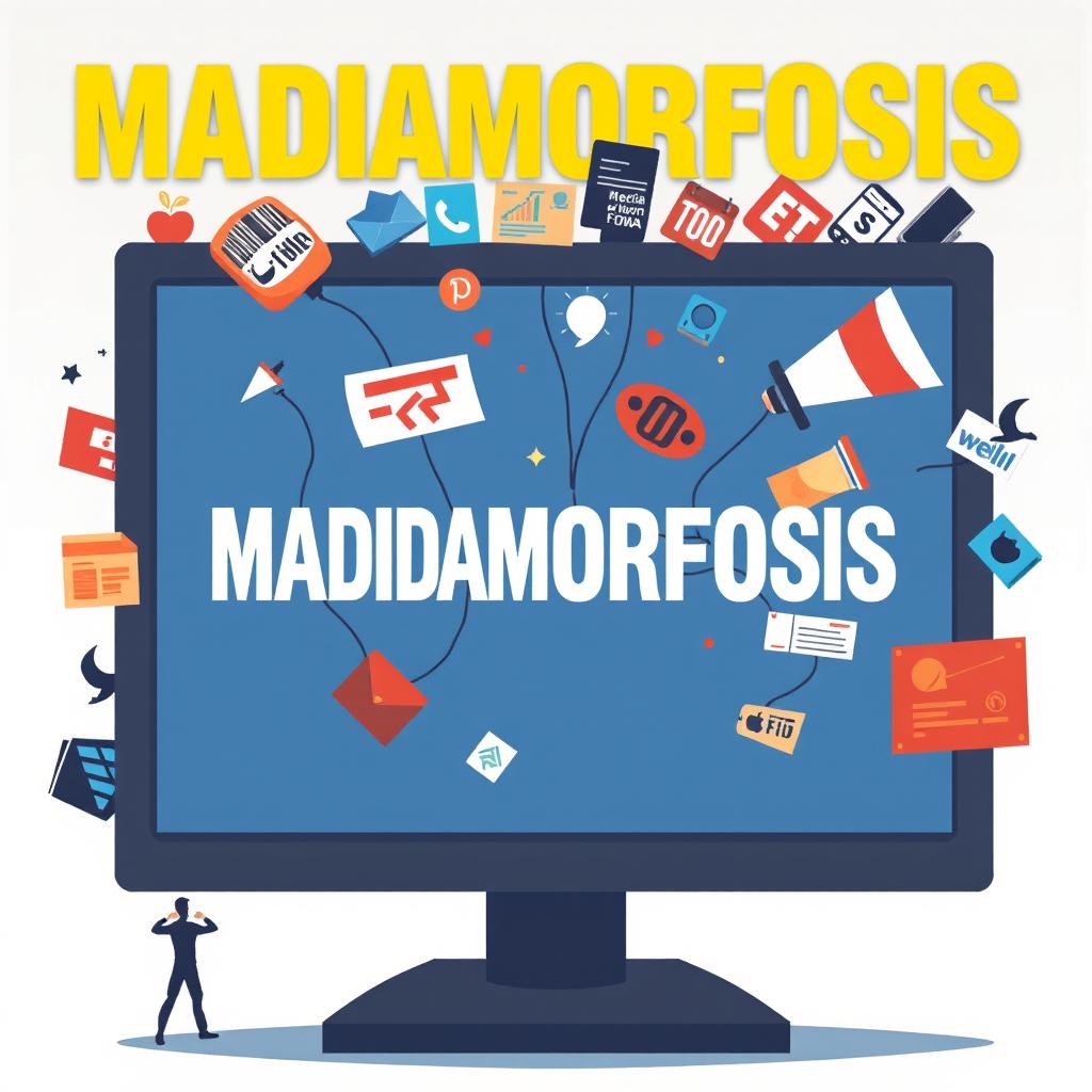 An artistic representation exploring the theme 'Madiamorfosis' which conveys the existence, contestation, and commodification of media