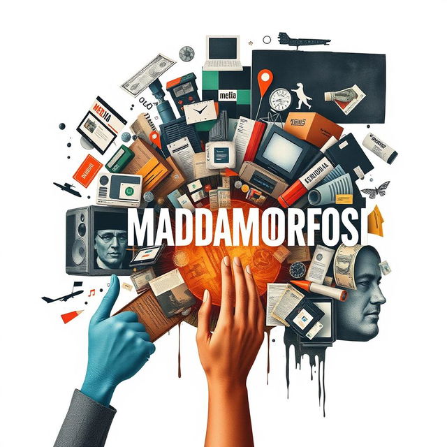 An artistic representation exploring the theme 'Madiamorfosis' which conveys the existence, contestation, and commodification of media