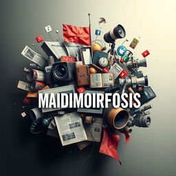 An artistic representation exploring the theme 'Madiamorfosis' which conveys the existence, contestation, and commodification of media