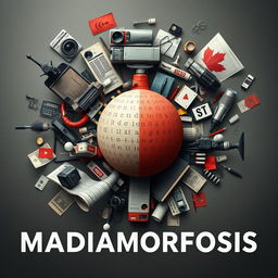 An artistic representation exploring the theme 'Madiamorfosis' which conveys the existence, contestation, and commodification of media