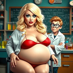 A fat, round, but very beautiful woman with lovely blond hair and captivating blue eyes, featuring mint green eye shadow, black eyeliner, mascara, and long eyelashes
