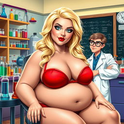 A fat, round, but very beautiful woman with lovely blond hair and captivating blue eyes, featuring mint green eye shadow, black eyeliner, mascara, and long eyelashes