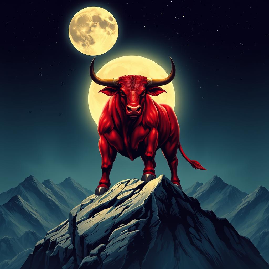 A powerful red bull standing majestically on a mountain peak, set against a dramatic backdrop of a large glowing moon