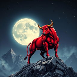A powerful red bull standing majestically on a mountain peak, set against a dramatic backdrop of a large glowing moon
