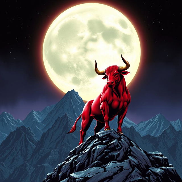 A powerful red bull standing majestically on a mountain peak, set against a dramatic backdrop of a large glowing moon