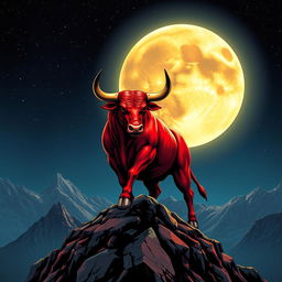 A powerful red bull standing majestically on a mountain peak, set against a dramatic backdrop of a large glowing moon