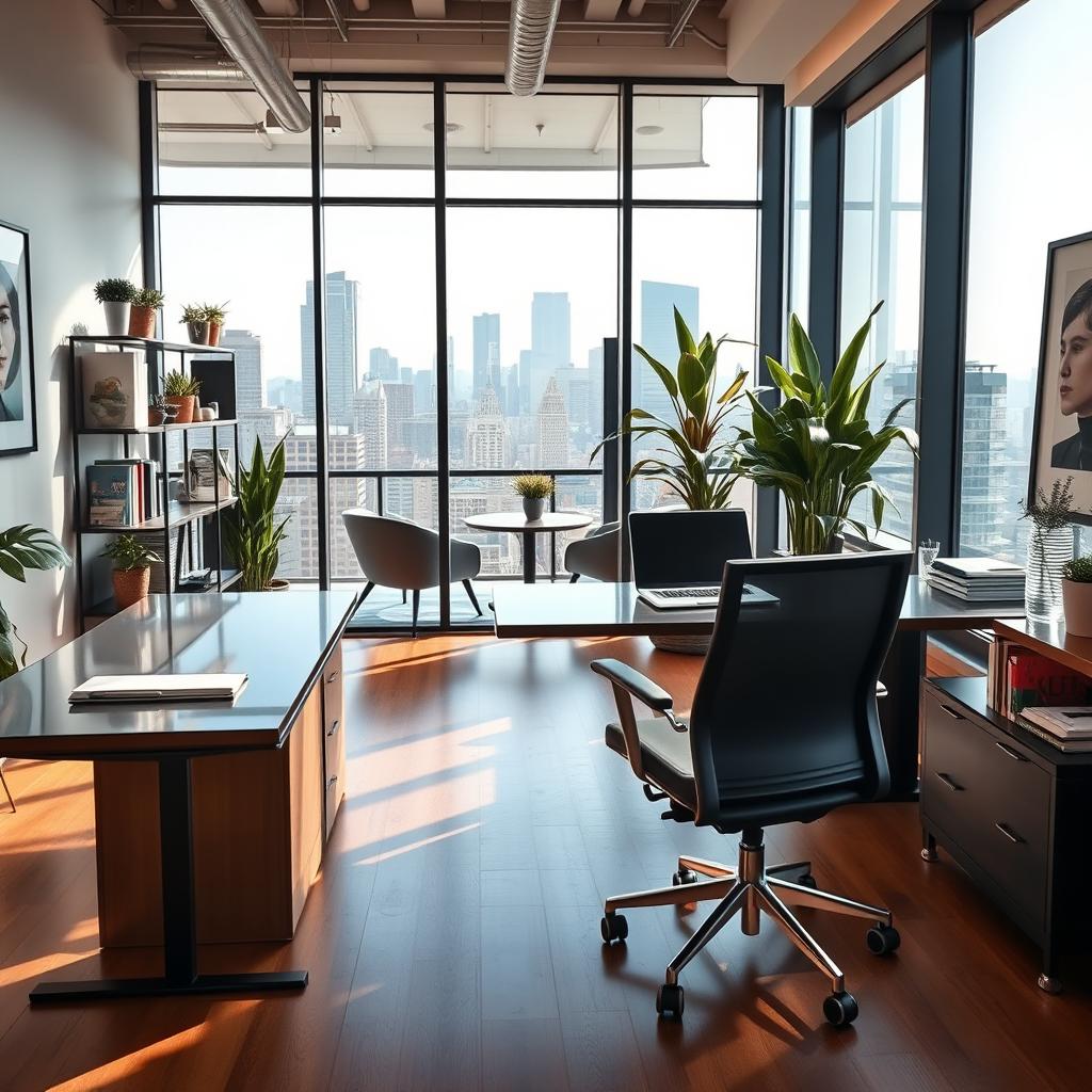 A modern office interior featuring sleek glass windows with a view of the city skyline, ergonomic furniture including a stylish desk and a comfortable office chair, and shelves filled with books and decorative plants