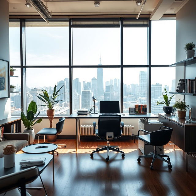 A modern office interior featuring sleek glass windows with a view of the city skyline, ergonomic furniture including a stylish desk and a comfortable office chair, and shelves filled with books and decorative plants