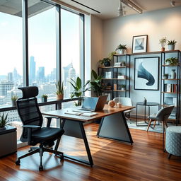 A modern office interior featuring sleek glass windows with a view of the city skyline, ergonomic furniture including a stylish desk and a comfortable office chair, and shelves filled with books and decorative plants