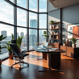 A modern office interior featuring sleek glass windows with a view of the city skyline, ergonomic furniture including a stylish desk and a comfortable office chair, and shelves filled with books and decorative plants