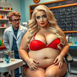 A fat, round, but very beautiful woman with lovely blond hair and captivating blue eyes, featuring mint green eye shadow, black eyeliner, mascara, and long eyelashes