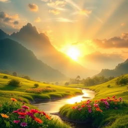 A serene, tranquil landscape depicting the essence of divine love, embodying the phrase "Pag-Ibig ng Diyos na di magmamaliw" (God's unwavering love)