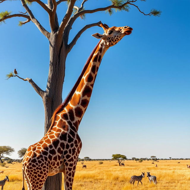 A majestic straight neck giraffe gracefully grazing on the vibrant green leaves of a tall acacia tree under a clear blue sky