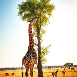 A majestic straight neck giraffe gracefully grazing on the vibrant green leaves of a tall acacia tree under a clear blue sky