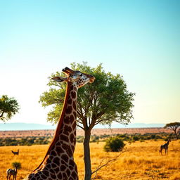 A majestic straight neck giraffe gracefully grazing on the vibrant green leaves of a tall acacia tree under a clear blue sky