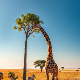 A majestic straight neck giraffe gracefully grazing on the vibrant green leaves of a tall acacia tree under a clear blue sky