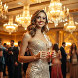 A beautiful woman clad in a shimmering, elegant evening gown, standing gracefully in a luxurious ballroom filled with sparkling chandeliers and swirling golden light