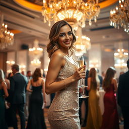 A beautiful woman clad in a shimmering, elegant evening gown, standing gracefully in a luxurious ballroom filled with sparkling chandeliers and swirling golden light