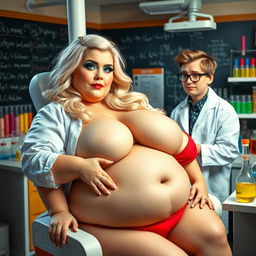 A fat but very beautiful woman with lovely blond hair and striking blue eyes, adorned with mint green eye shadow, black eyeliner, mascara, and long eyelashes