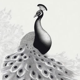 A distinct black and white image of a peacock, skillfully drawn using a pen