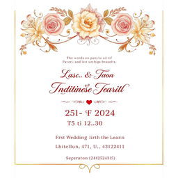 A beautifully designed wedding invitation card featuring elegant floral patterns with a soft color palette