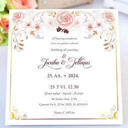 A beautifully designed wedding invitation card featuring elegant floral patterns with a soft color palette