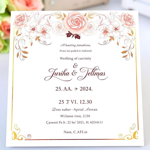 A beautifully designed wedding invitation card featuring elegant floral patterns with a soft color palette