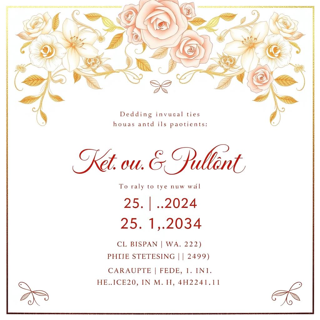 A beautifully designed wedding invitation card featuring elegant floral patterns with a soft color palette