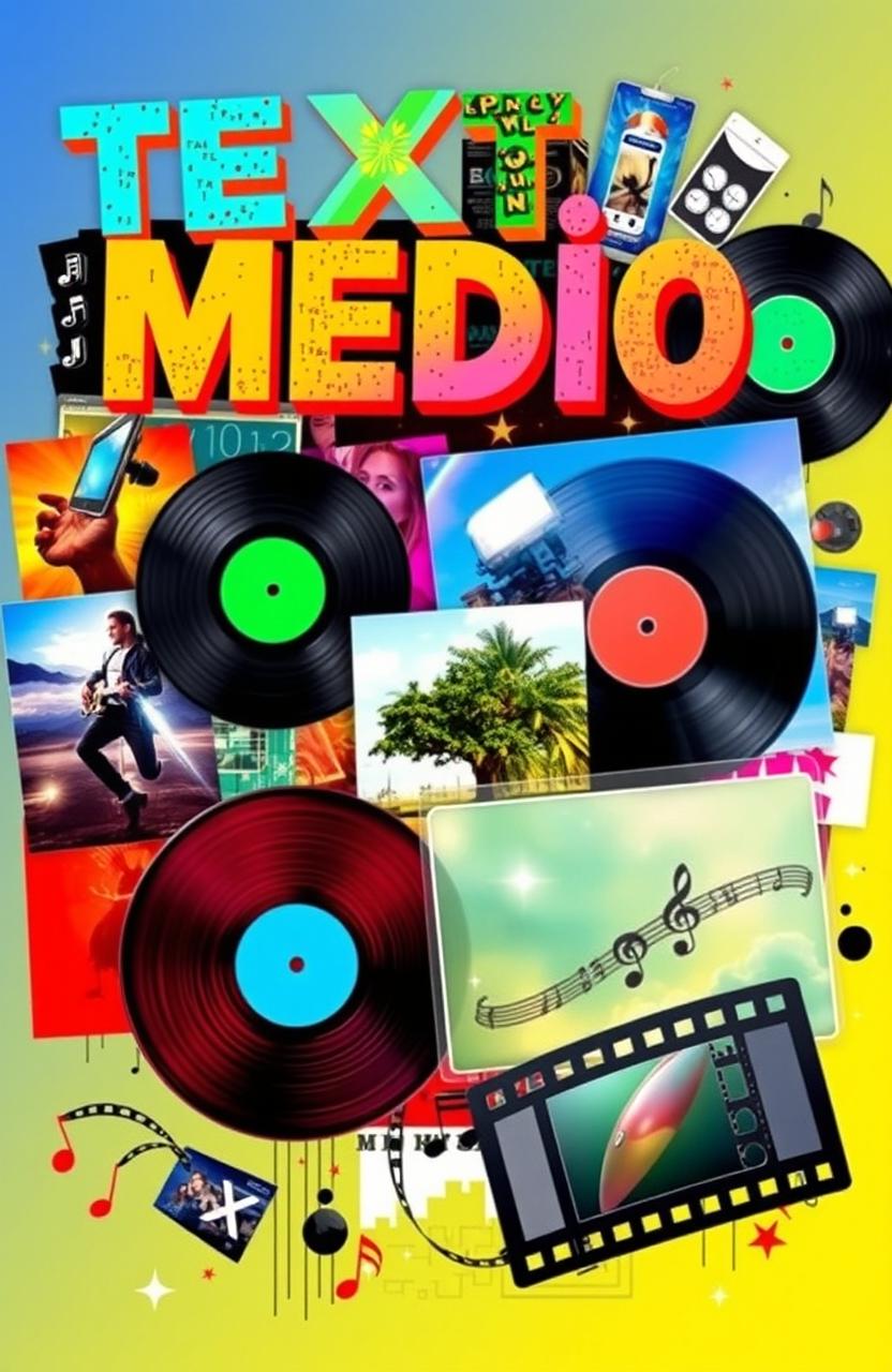 A vibrant and dynamic collage showcasing the integration of different media types including text, image, audio, and video elements