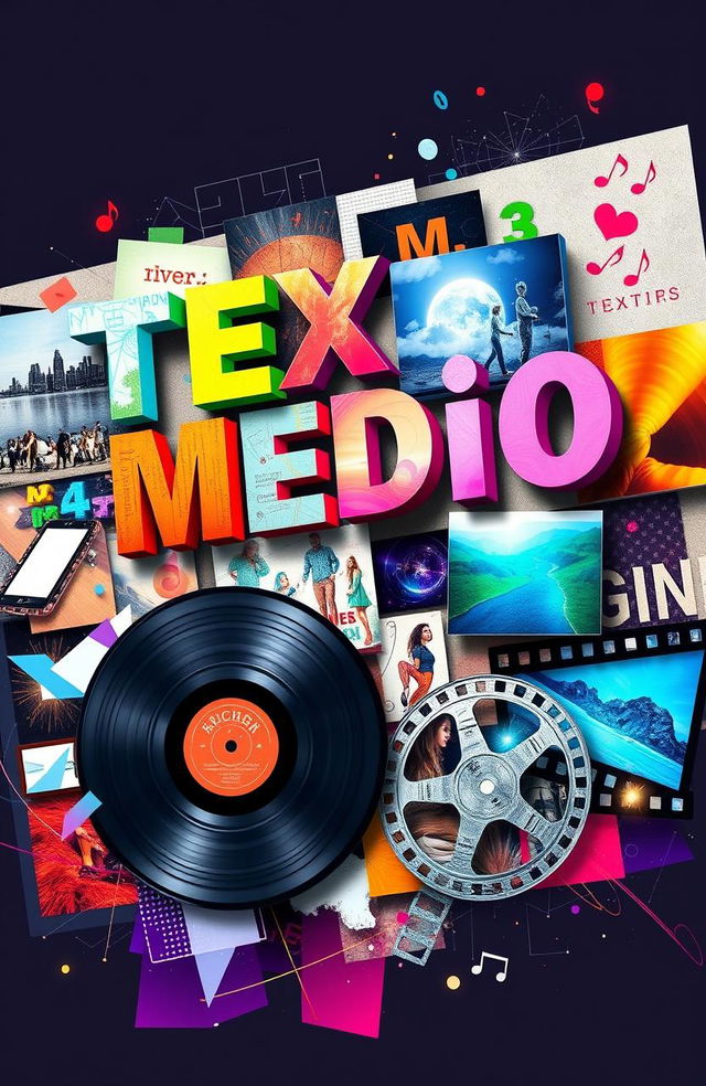 A vibrant and dynamic collage showcasing the integration of different media types including text, image, audio, and video elements