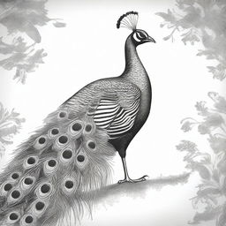 A distinct black and white image of a peacock, skillfully drawn using a pen