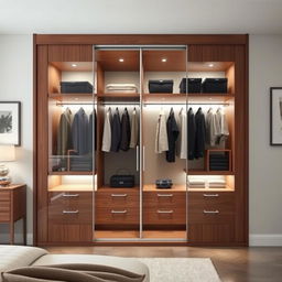 A beautifully designed modern closet, measuring 320 cm by 300 cm, featuring sleek sliding doors, luxurious wood finish, and ample storage space
